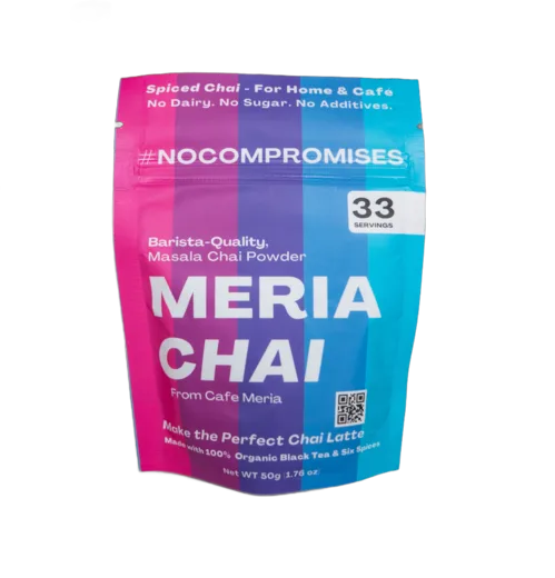 Meria Chai 50 g pouch: five vertical stripes from pink to cyan, reading Barista-Quality Masala Chai Powder, 33 servings