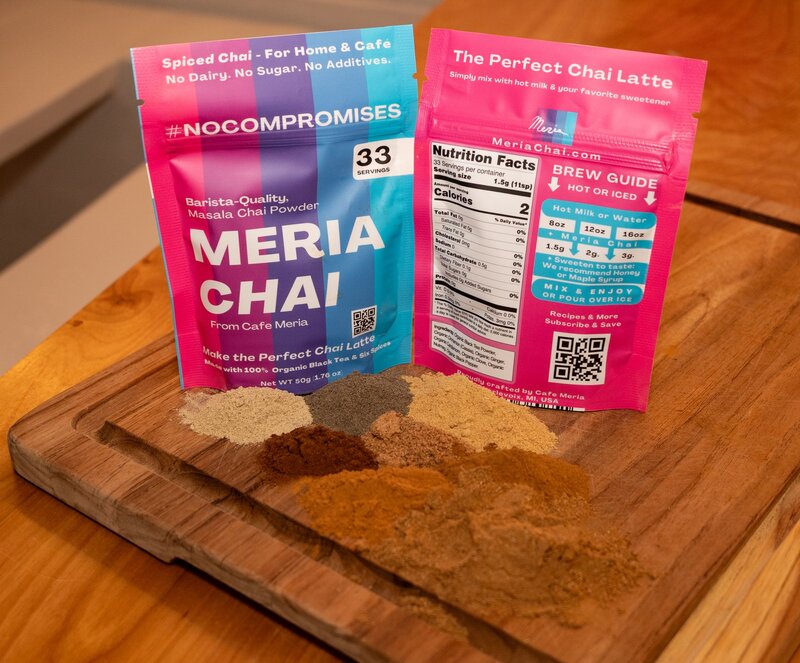 Two Meria Chai pouches - front and back showing nutrition facts and brew guide